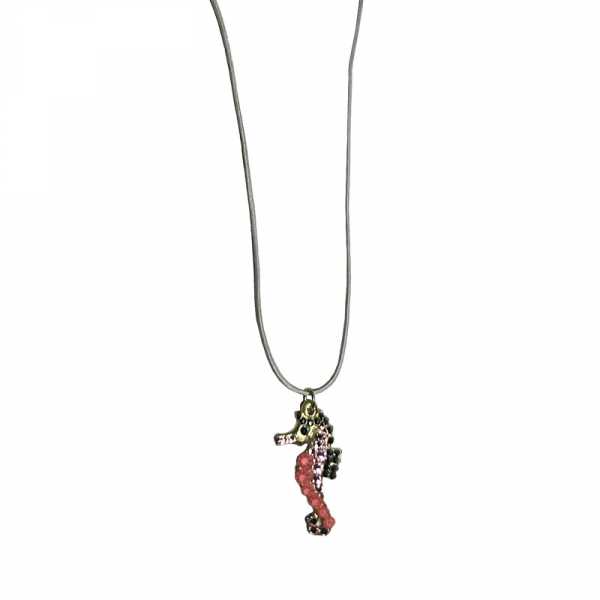 Ekaterini necklace, seahorse, pink-coral Swarovski crystals brown cord and with gold accents